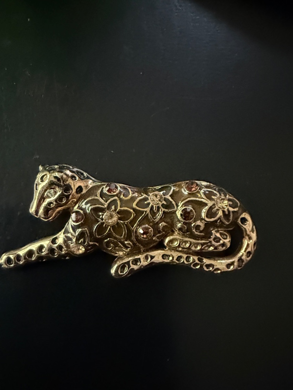 Gold Floral Liz Claiborne Leopard Brooch with Rhinestones